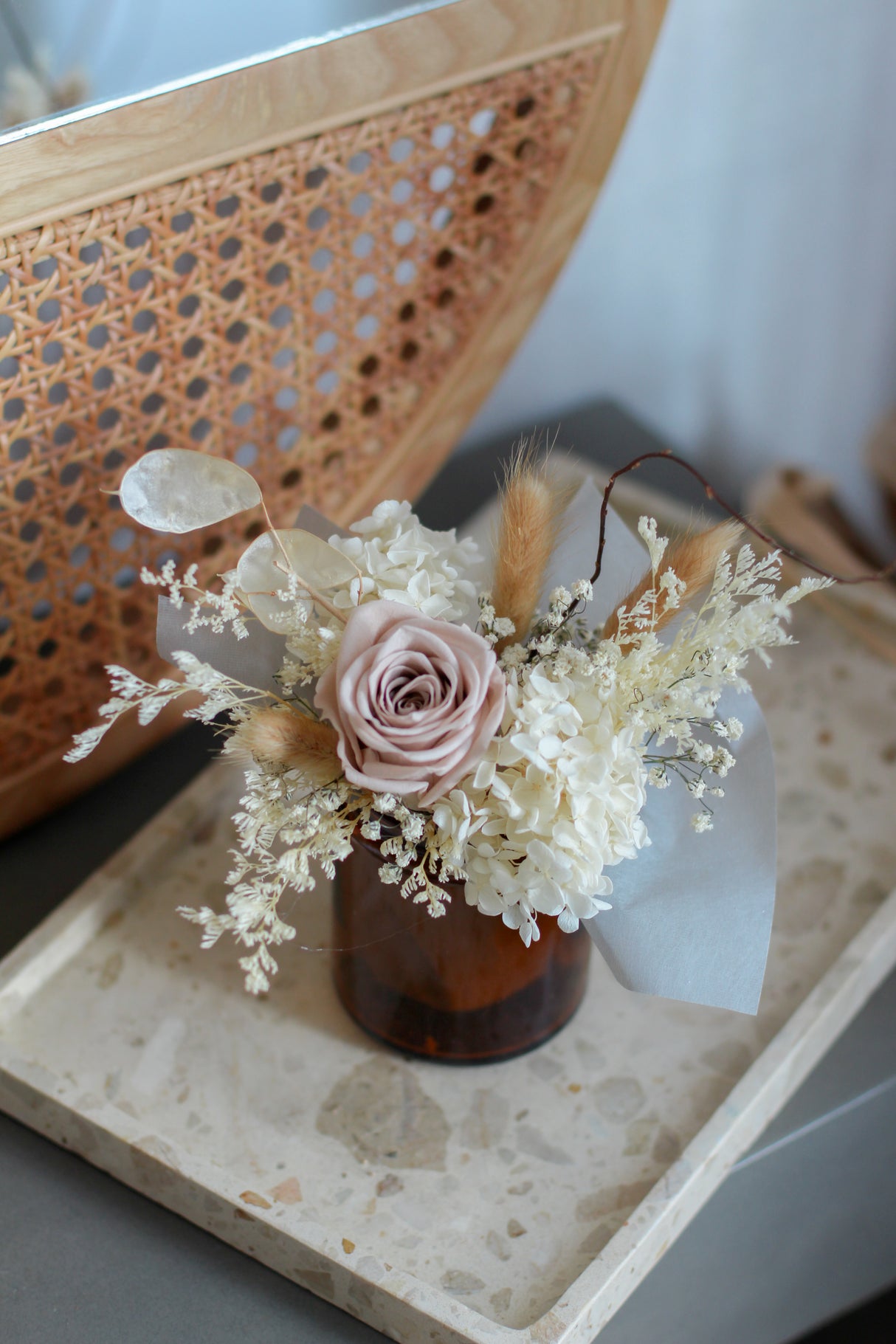 Light Khaki Preserved Roses with White Hydrangeas in Glass Jar (Preserved)