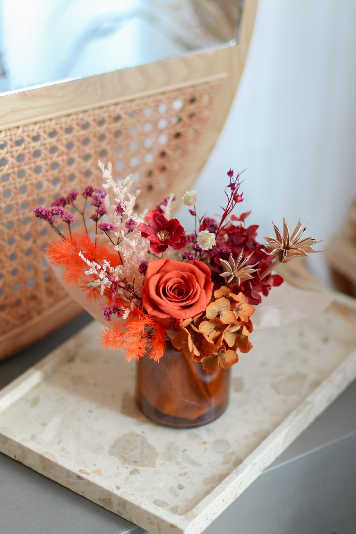 Burnt Orange Preserved Rose with Red & Orange Hydrangea Jar (Preserved)