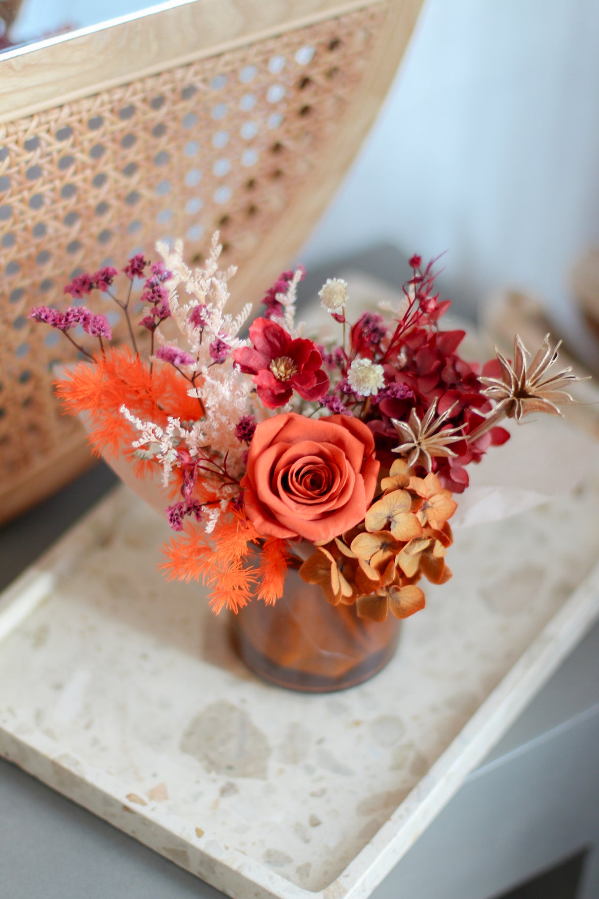 Burnt Orange Preserved Rose with Red & Orange Hydrangea Jar (Preserved)