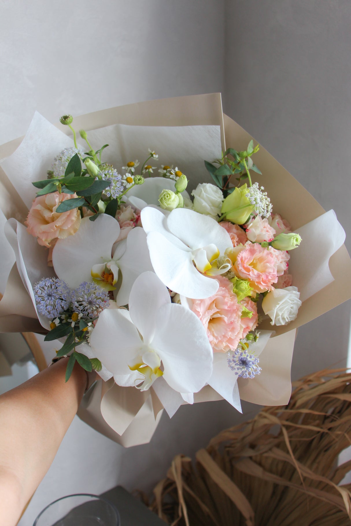 White Phalaenopsis & Champagne Eustoma Bouquet (Fresh)