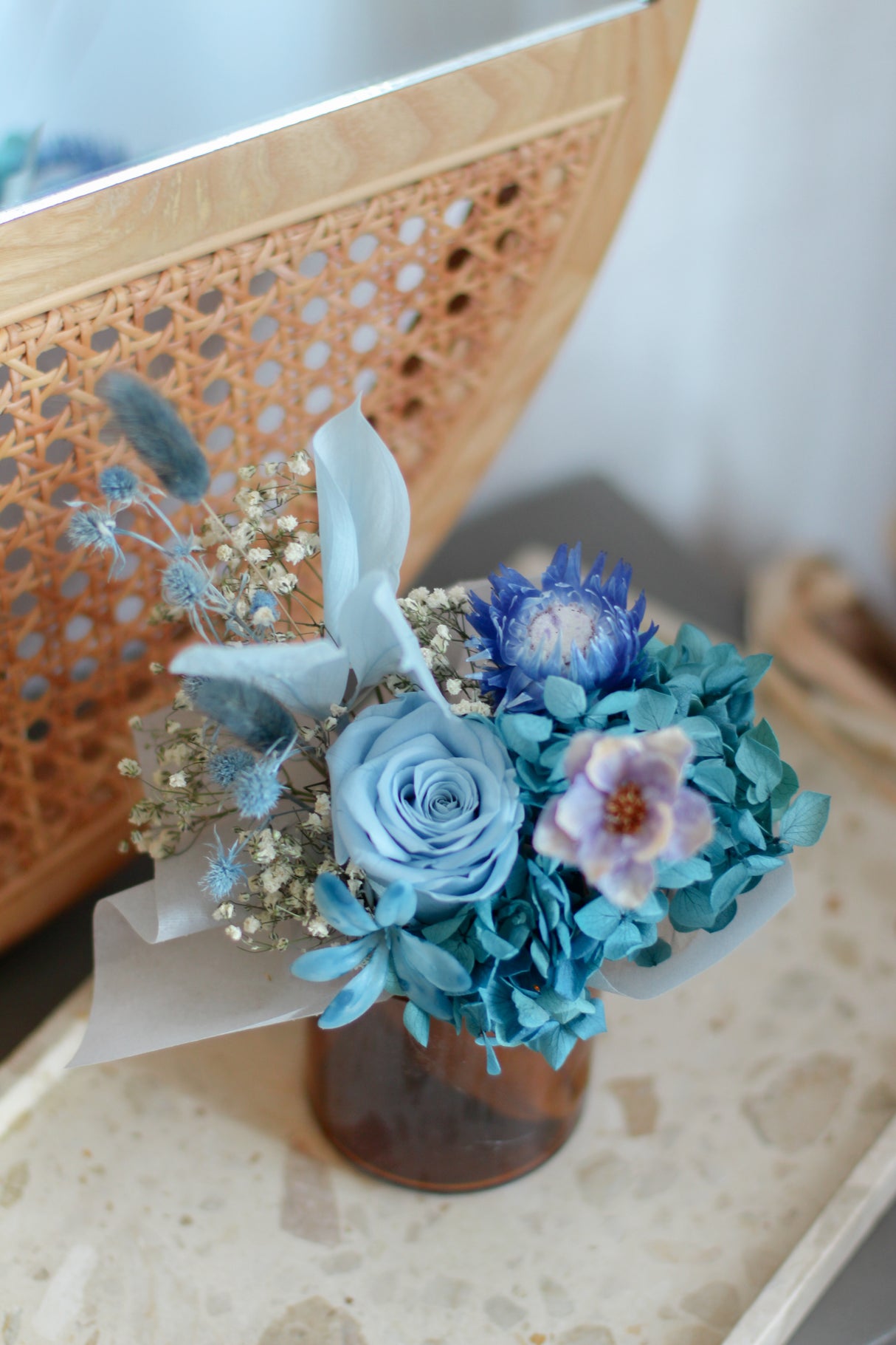 Blue Preserved Rose & Hydrangea in Glass Jar (Preserved)