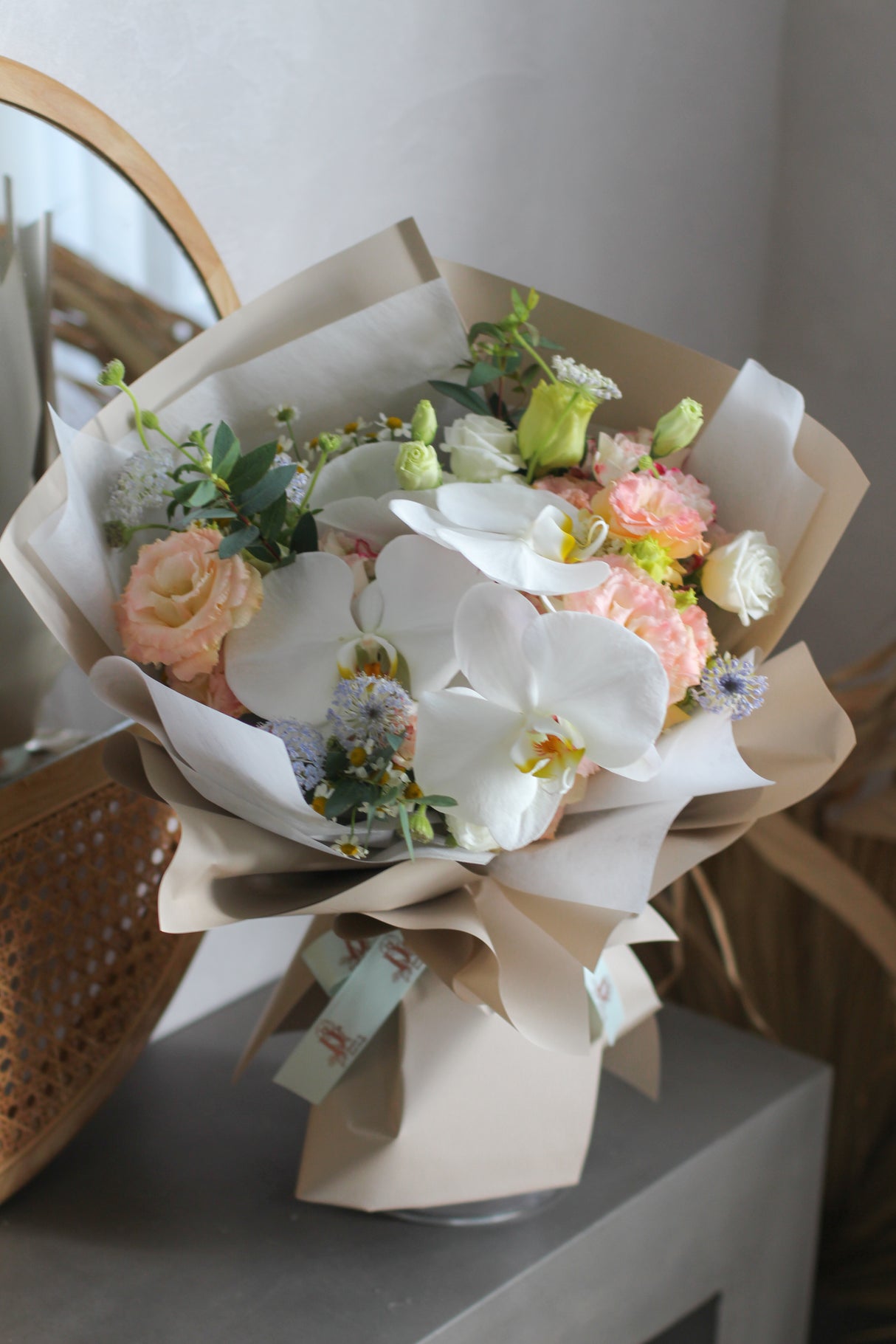 White Phalaenopsis & Champagne Eustoma Bouquet (Fresh)