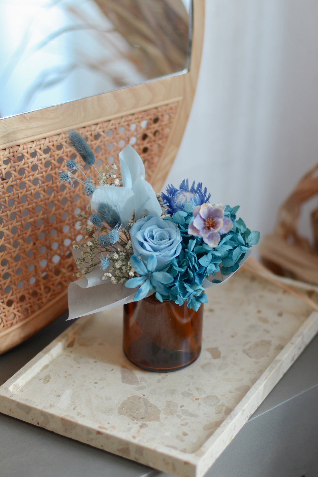 Blue Preserved Rose & Hydrangea in Glass Jar (Preserved)