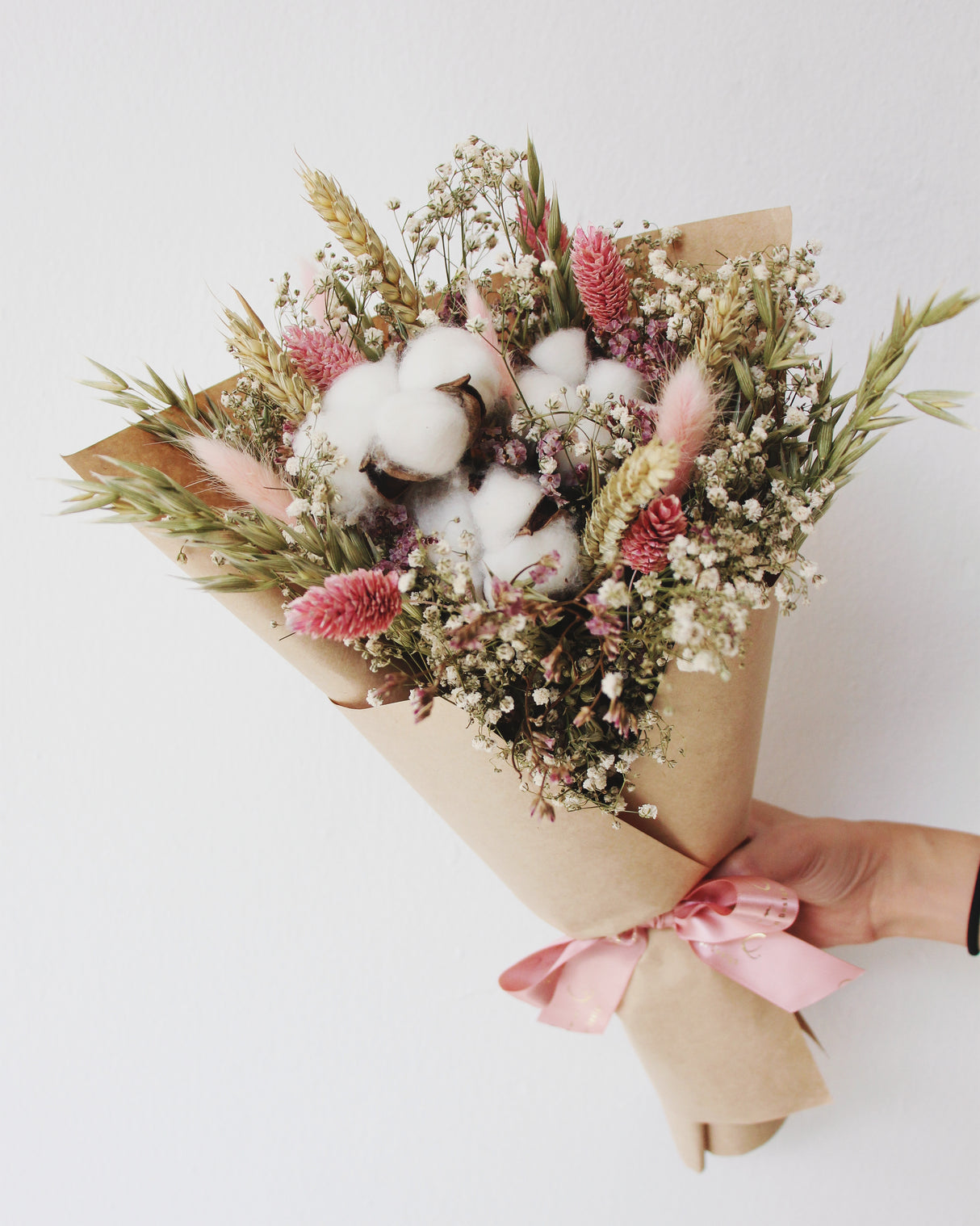 dried baby breath bouquet cotton flower wheat oat
