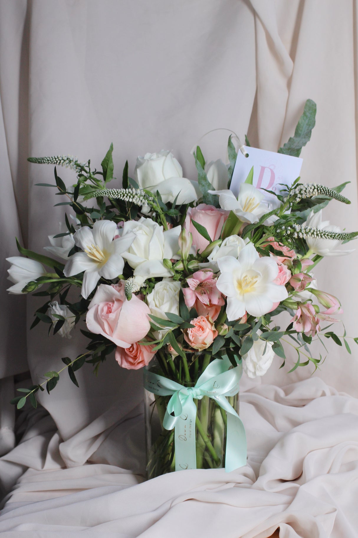 vase arrangement fresh flowers tulips pink roses white roses