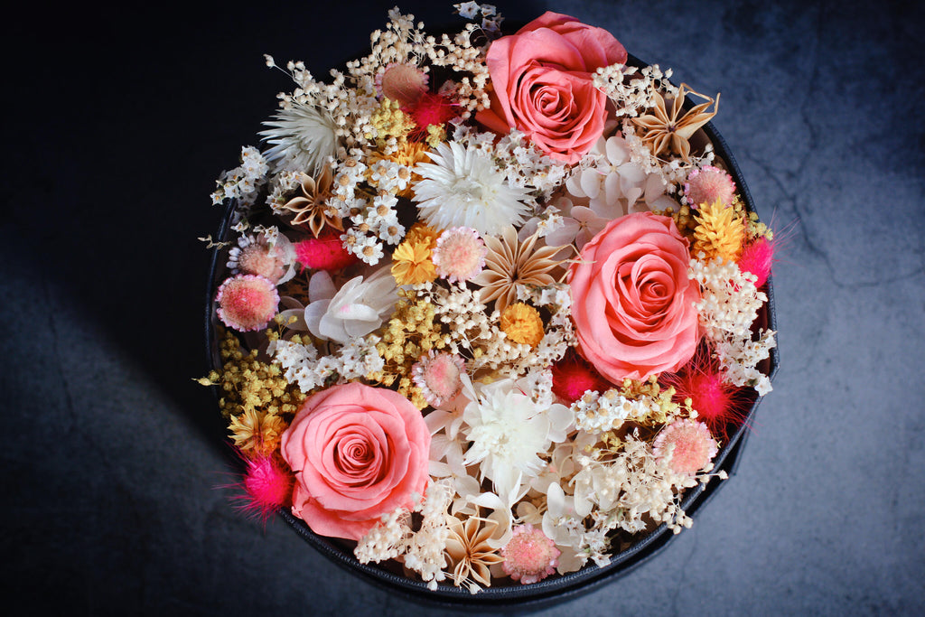 dried flower box pink yellow red preserved roses 