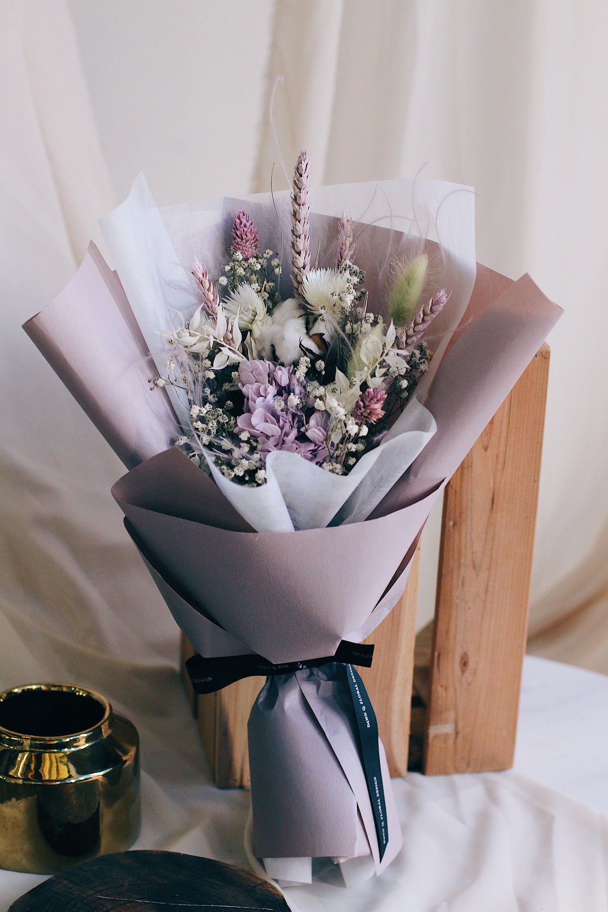 purple preserved hydrangea purple wheat baby breath dried bouquet