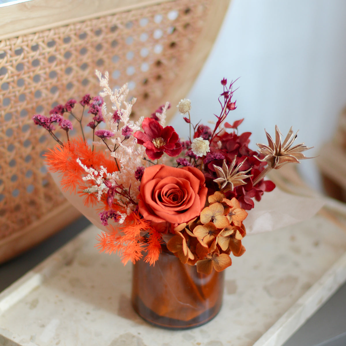 Burnt Orange Preserved Rose with Red & Orange Hydrangea Jar (Preserved ...