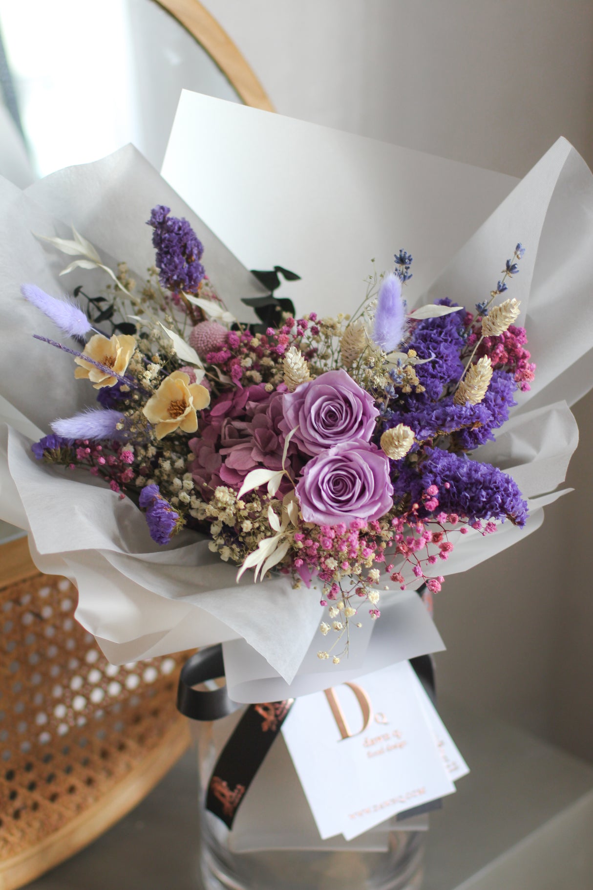 Everlasting Purple Rose & Hydrangea Bouquet (preserved)