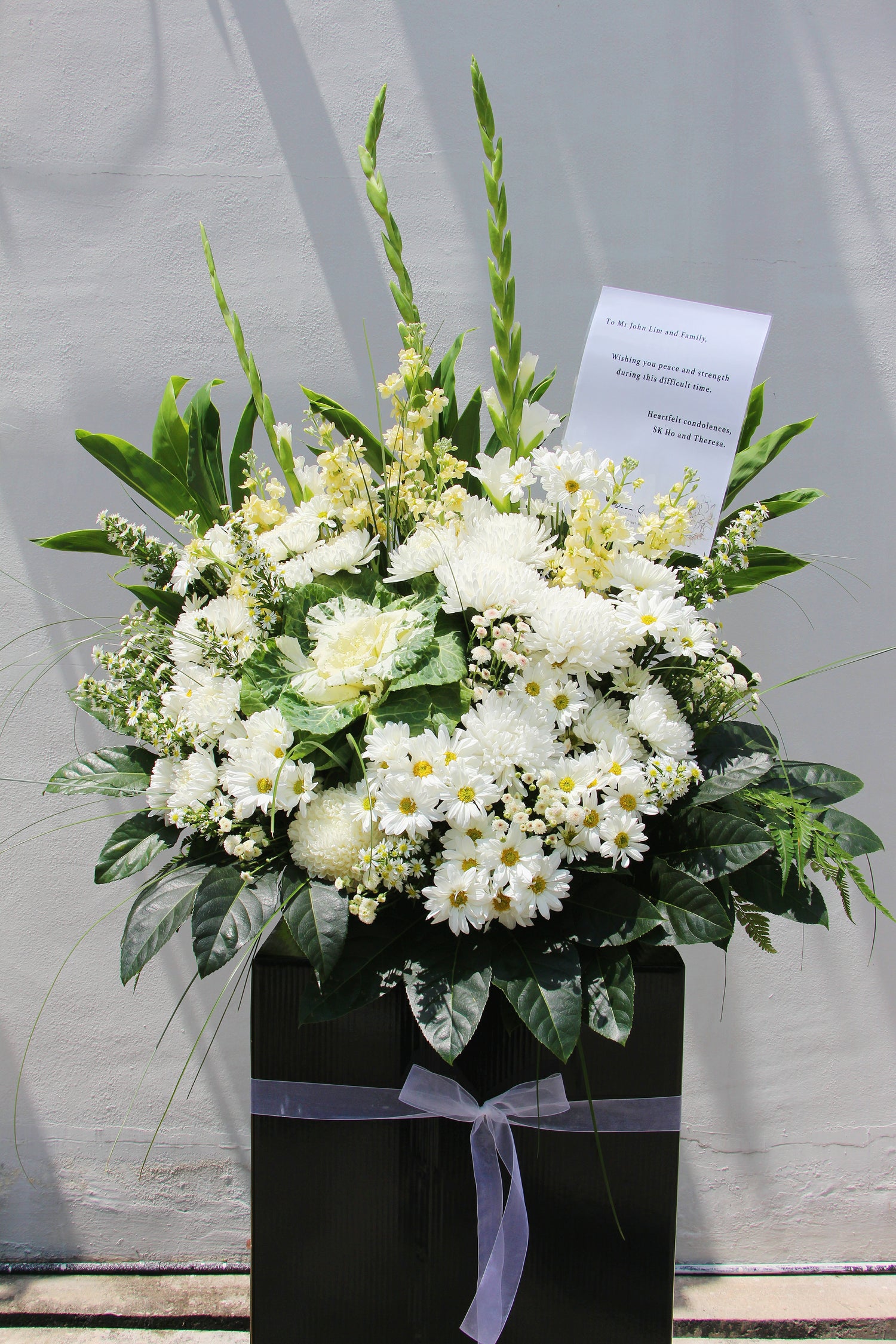 sympathy stand chrysanthemum white green flower stand