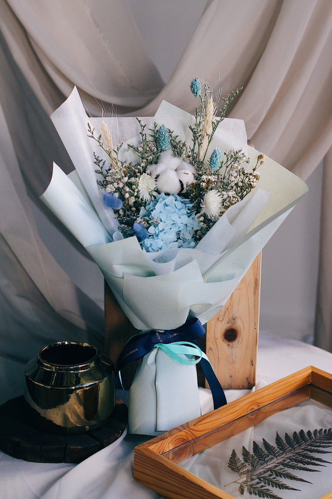 blue dried flower bouquet preserved hydrangea cotton wheat caspia singapore 
