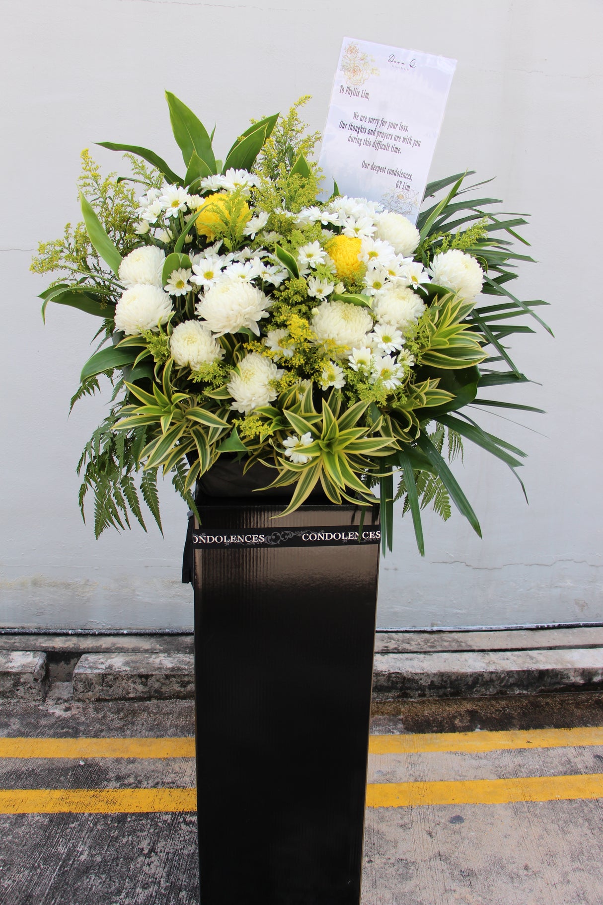 sympathy stand yellow white chrysanthemum