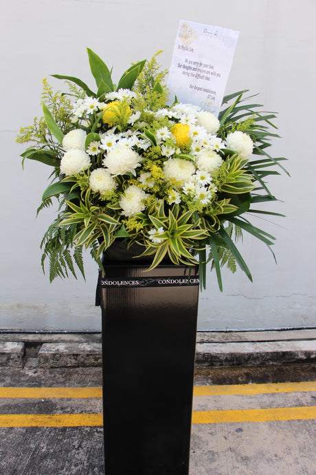 sympathy stand yellow white chrysanthemum