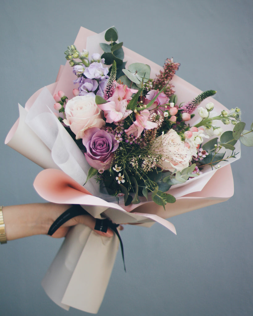 flower bouquet pink purple flowers singapore florist hand bouquet
