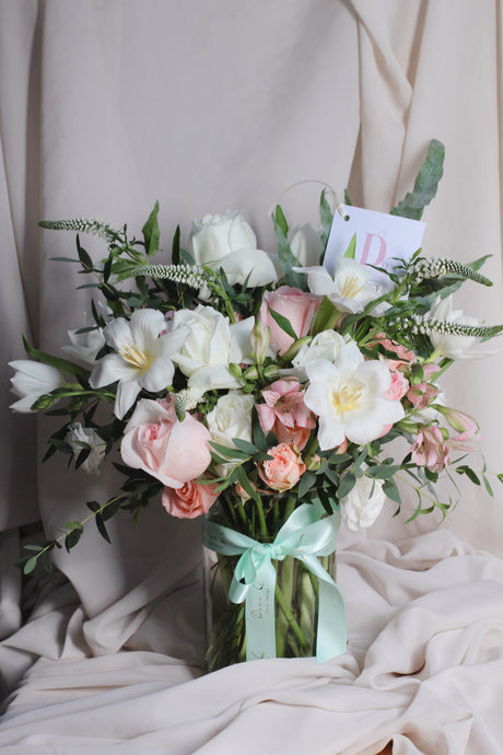 vase arrangement fresh flowers tulips pink roses white roses