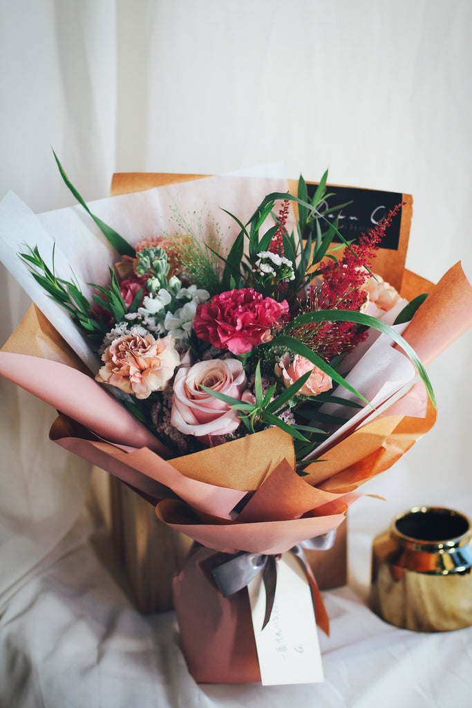 dusty colour red maroon carnation roses mattholia astilbe fresh flower bouquet